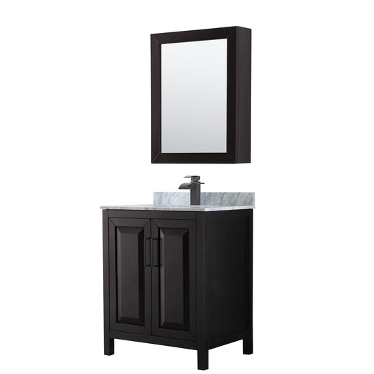 Daria 30" Single Bathroom Vanity in Dark Espresso, White Carrara Marble Countertop, Undermount Square Sink, Matte Black Trim, Medicine Cabinet