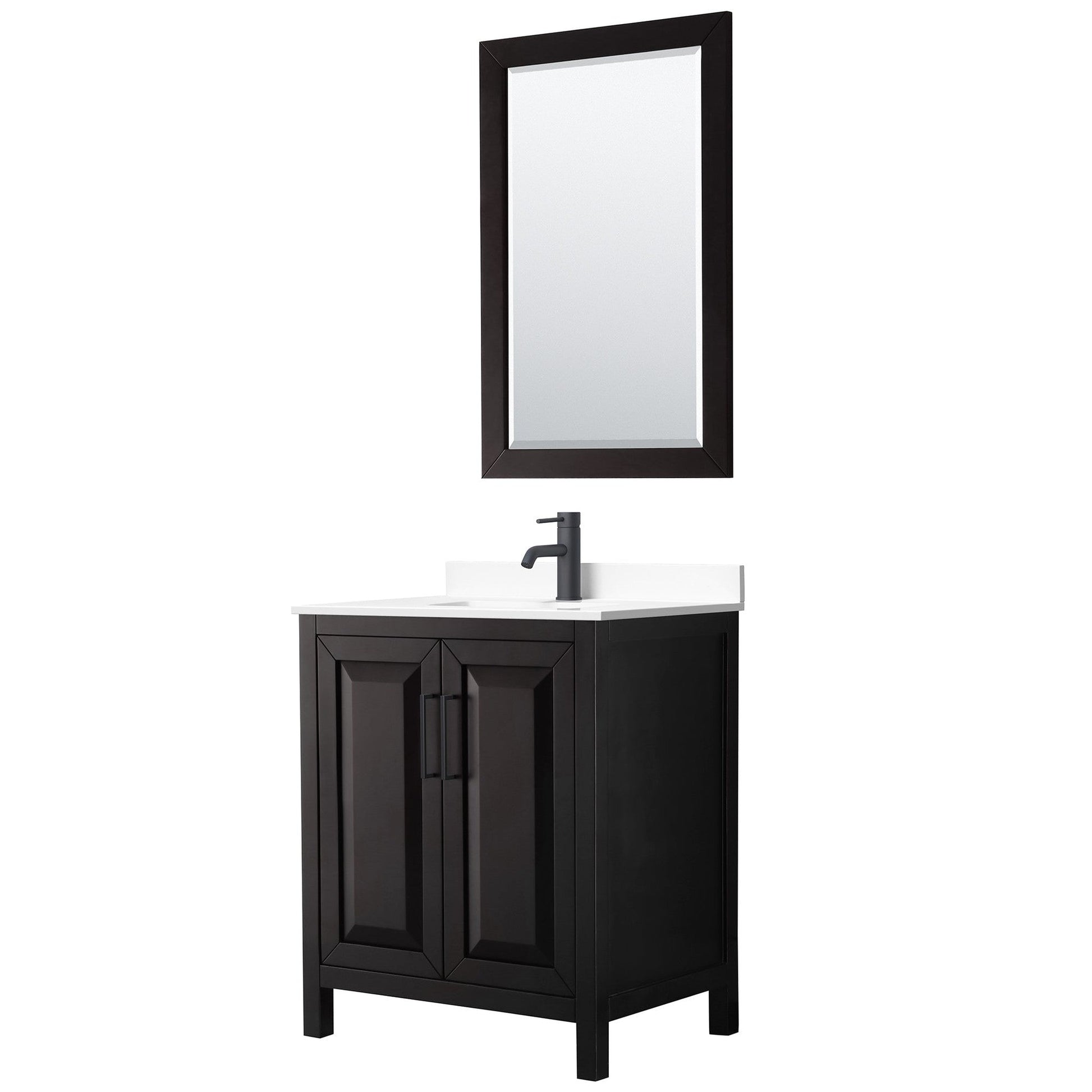 Daria 30" Single Bathroom Vanity in Dark Espresso, White Cultured Marble Countertop, Undermount Square Sink, Matte Black Trim, 24" Mirror