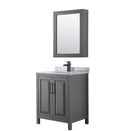 Daria 30" Single Bathroom Vanity in Dark Gray, White Carrara Marble Countertop, Undermount Square Sink, Matte Black Trim, Medicine Cabinet