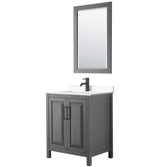 Daria 30" Single Bathroom Vanity in Dark Gray, White Cultured Marble Countertop, Undermount Square Sink, Matte Black Trim, 24" Mirror