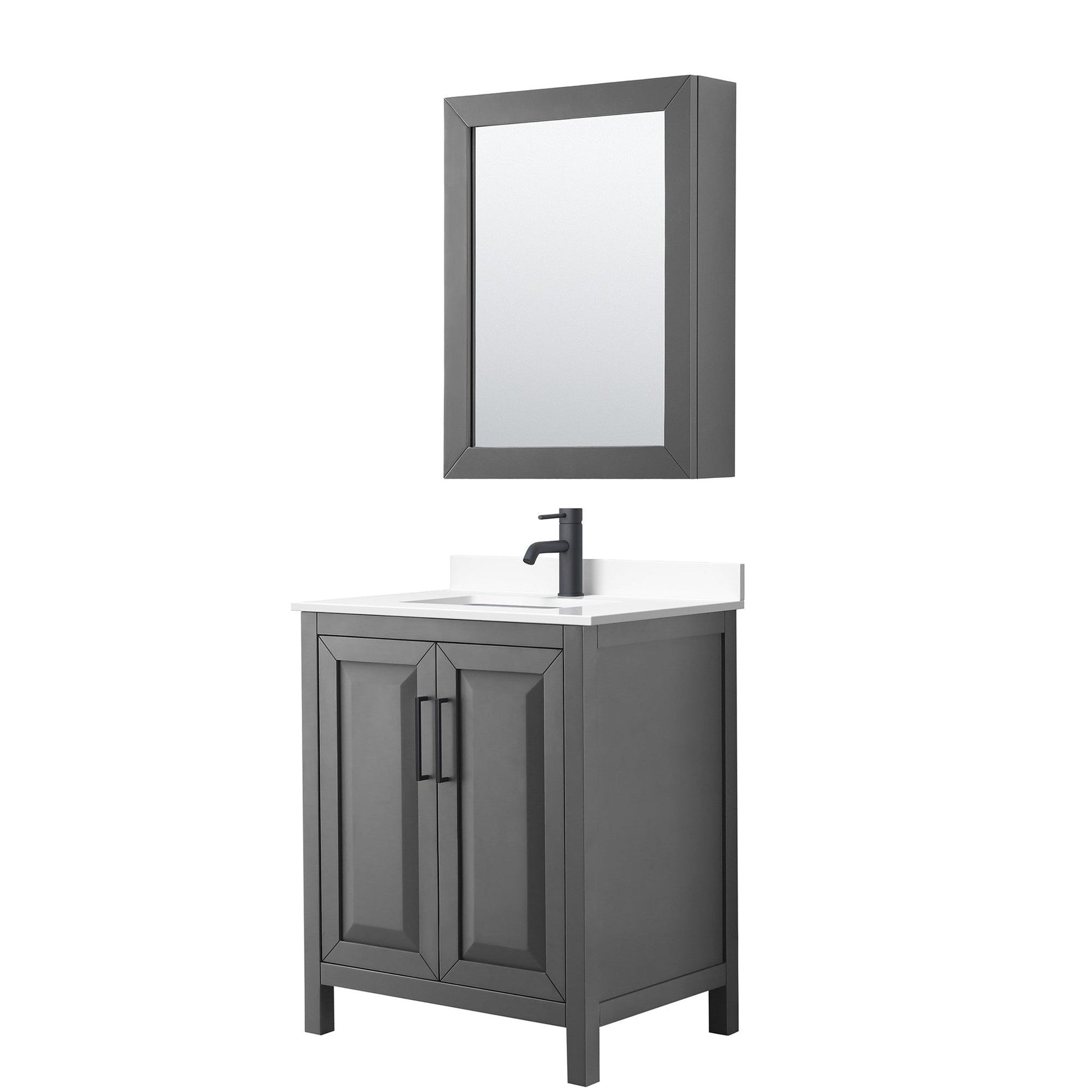 Daria 30" Single Bathroom Vanity in Dark Gray, White Cultured Marble Countertop, Undermount Square Sink, Matte Black Trim, Medicine Cabinet