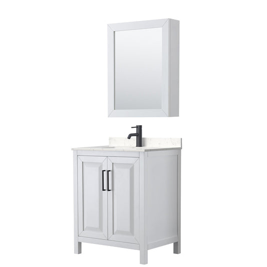 Daria 30" Single Bathroom Vanity in White, Carrara Cultured Marble Countertop, Undermount Square Sink, Matte Black Trim, Medicine Cabinet