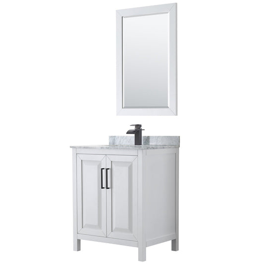 Daria 30" Single Bathroom Vanity in White, White Carrara Marble Countertop, Undermount Square Sink, Matte Black Trim, 24" Mirror