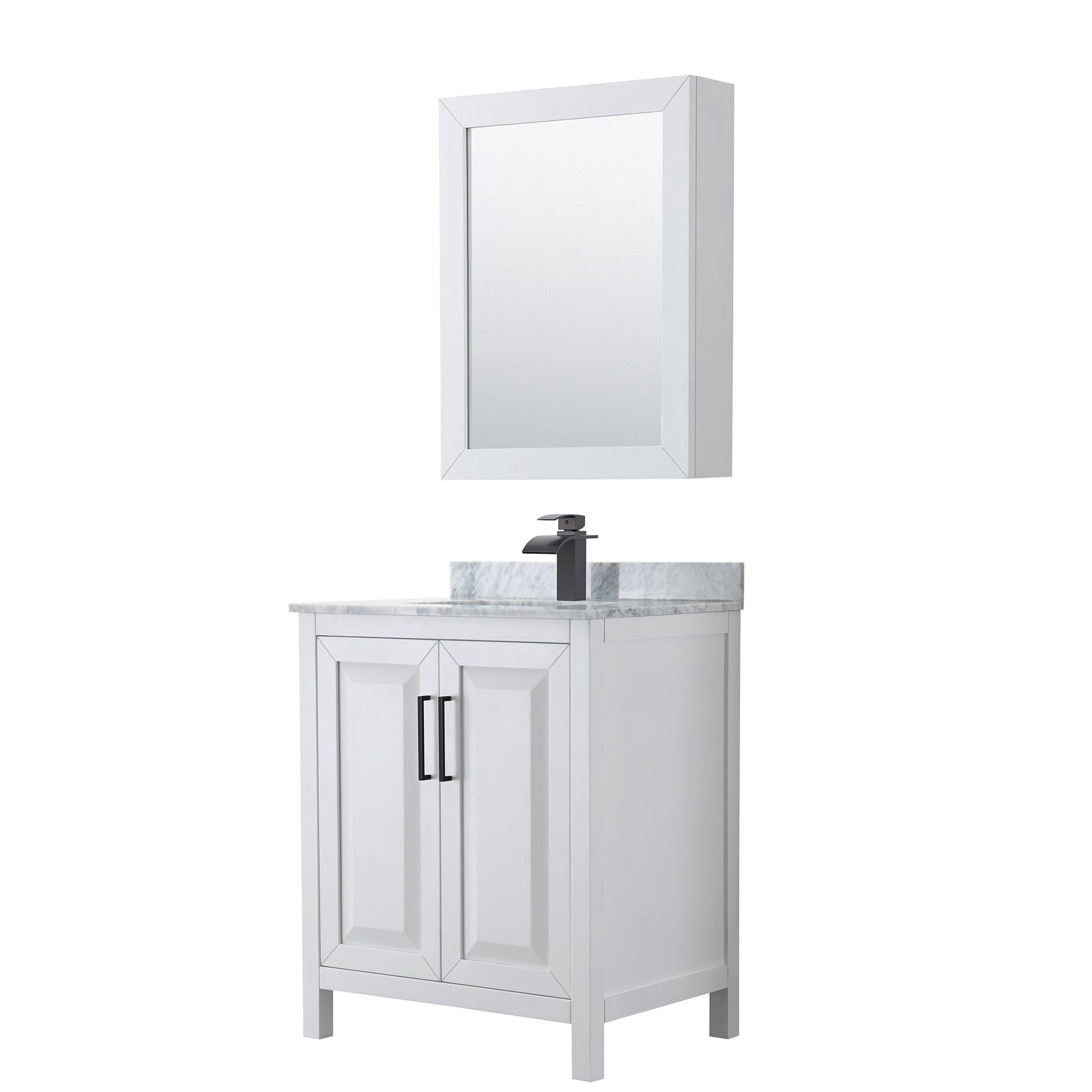 Daria 30" Single Bathroom Vanity in White, White Carrara Marble Countertop, Undermount Square Sink, Matte Black Trim, Medicine Cabinet