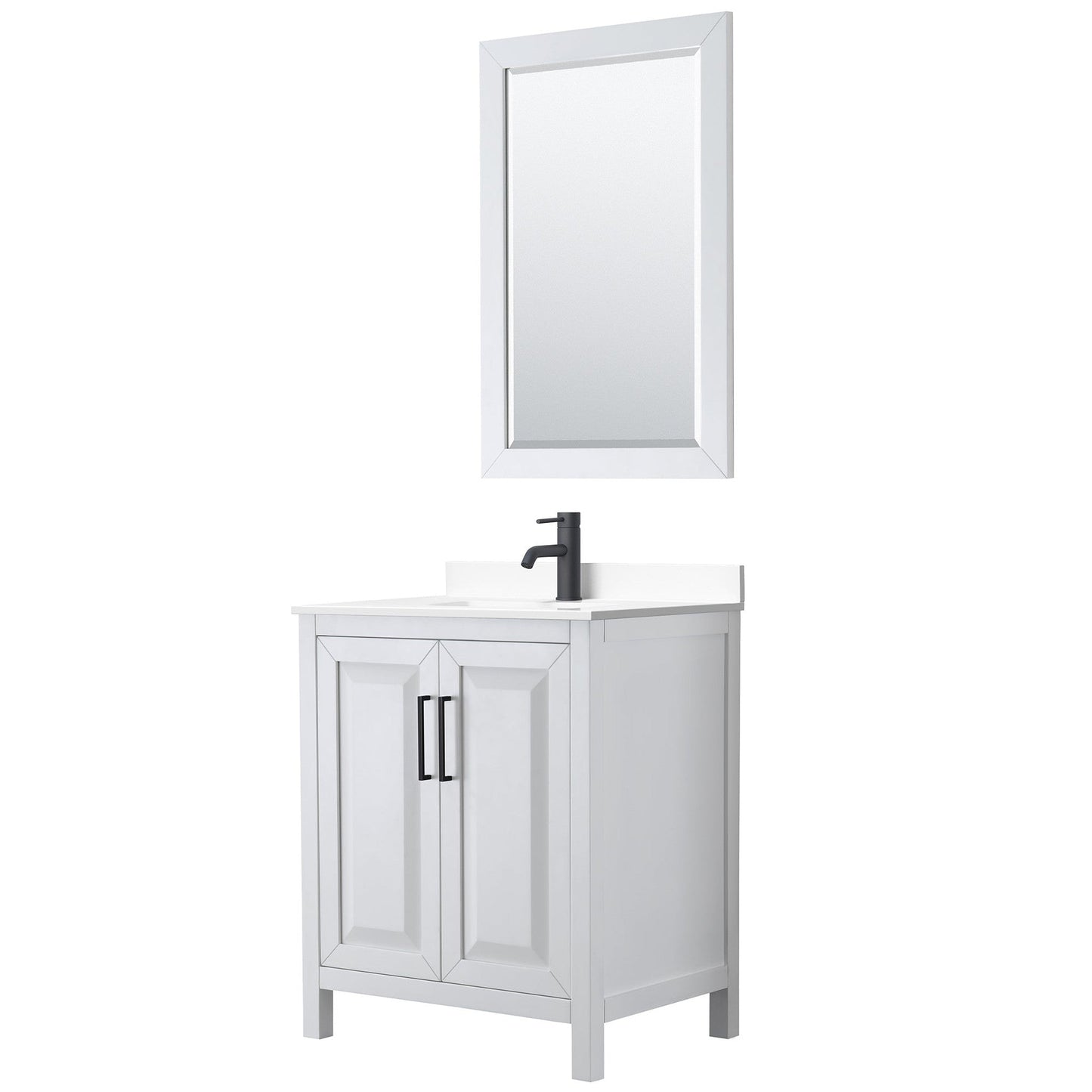 Daria 30" Single Bathroom Vanity in White, White Cultured Marble Countertop, Undermount Square Sink, Matte Black Trim, 24" Mirror