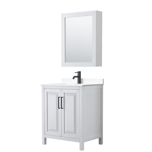 Daria 30" Single Bathroom Vanity in White, White Cultured Marble Countertop, Undermount Square Sink, Matte Black Trim, Medicine Cabinet