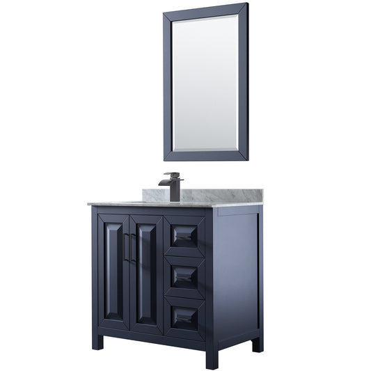 Daria 36" Single Bathroom Vanity in Dark Blue, White Carrara Marble Countertop, Undermount Square Sink, Matte Black Trim, 24" Mirror
