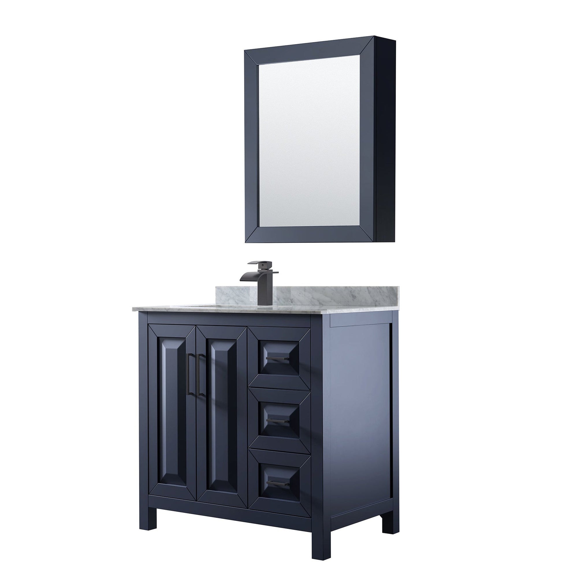 Daria 36" Single Bathroom Vanity in Dark Blue, White Carrara Marble Countertop, Undermount Square Sink, Matte Black Trim, Medicine Cabinet
