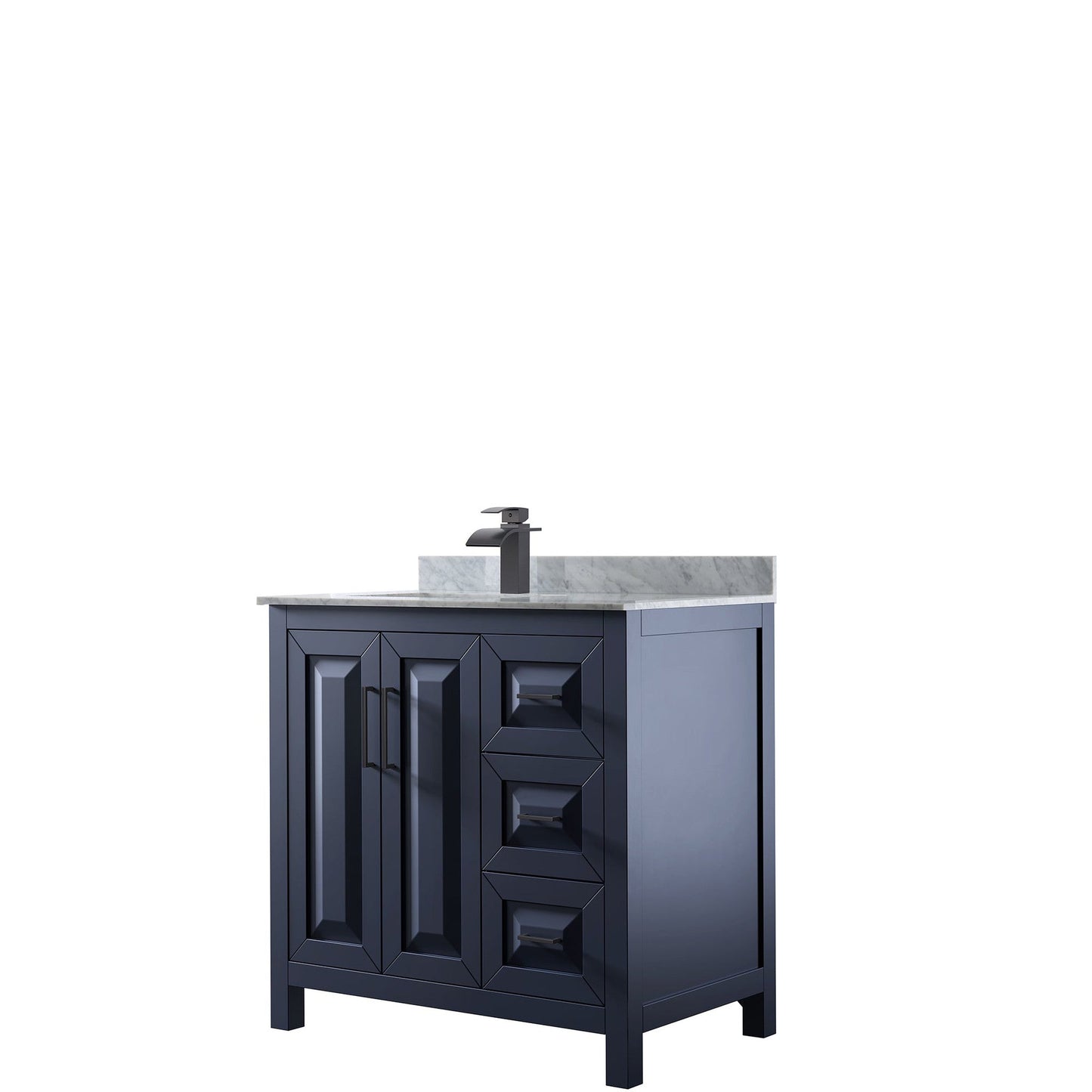 Daria 36" Single Bathroom Vanity in Dark Blue, White Carrara Marble Countertop, Undermount Square Sink, Matte Black Trim