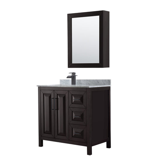 Daria 36" Single Bathroom Vanity in Dark Espresso, White Carrara Marble Countertop, Undermount Square Sink, Matte Black Trim, Medicine Cabinet