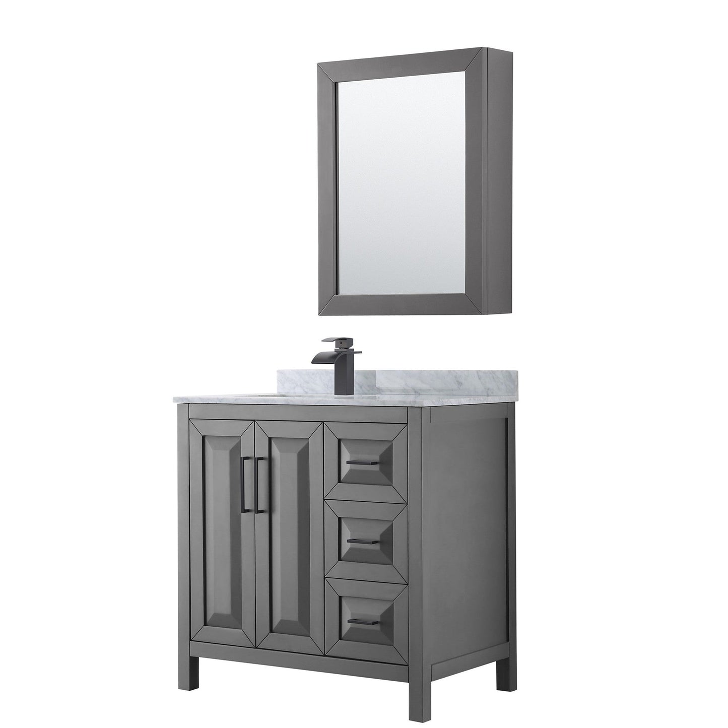 Daria 36" Single Bathroom Vanity in Dark Gray, White Carrara Marble Countertop, Undermount Square Sink, Matte Black Trim, Medicine Cabinet