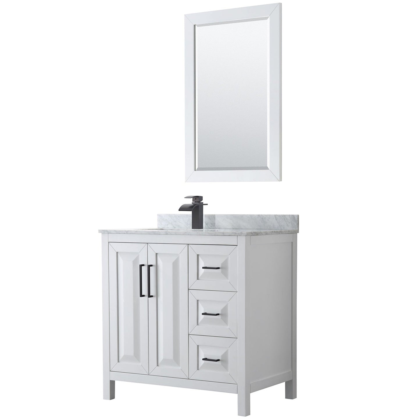 Daria 36" Single Bathroom Vanity in White, White Carrara Marble Countertop, Undermount Square Sink, Matte Black Trim, 24" Mirror