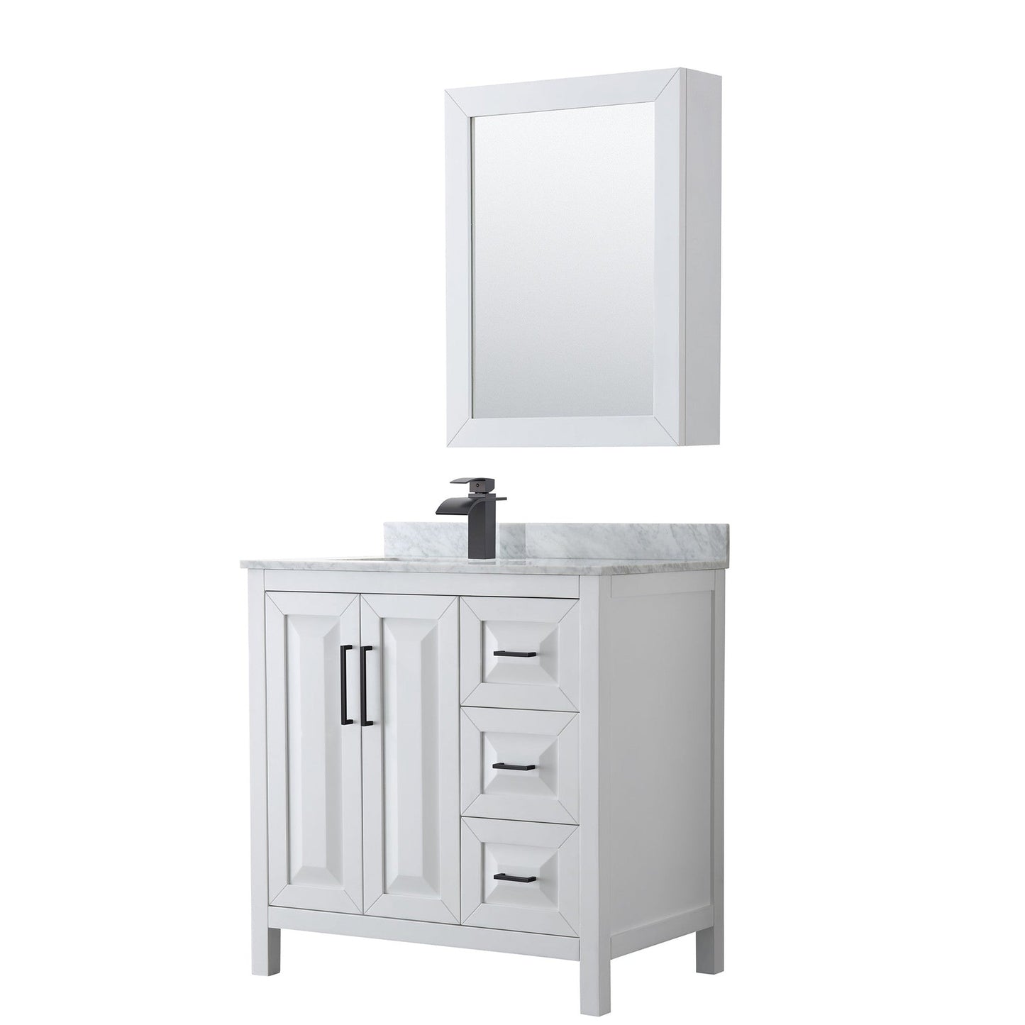 Daria 36" Single Bathroom Vanity in White, White Carrara Marble Countertop, Undermount Square Sink, Matte Black Trim, Medicine Cabinet