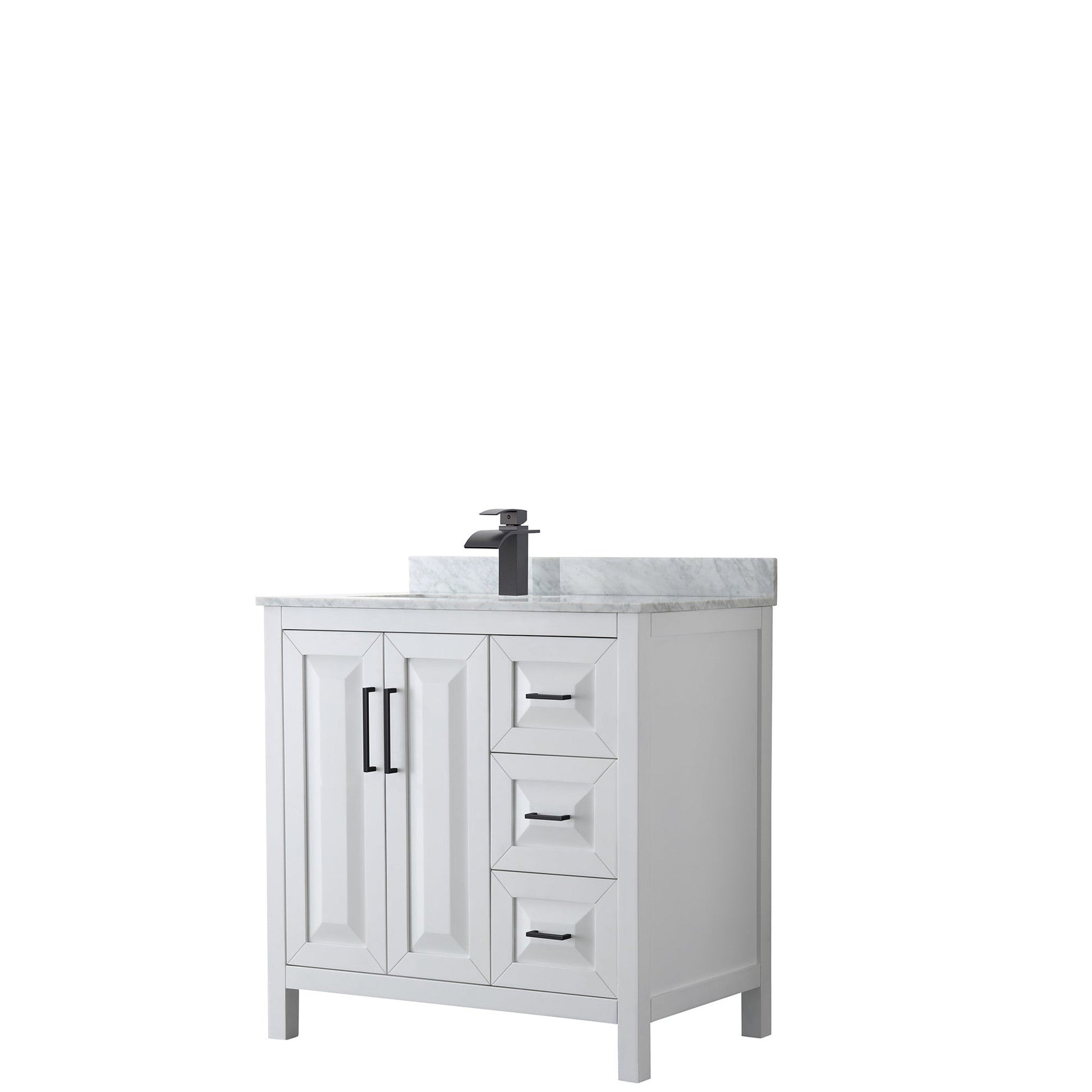 Daria 36" Single Bathroom Vanity in White, White Carrara Marble Countertop, Undermount Square Sink, Matte Black Trim