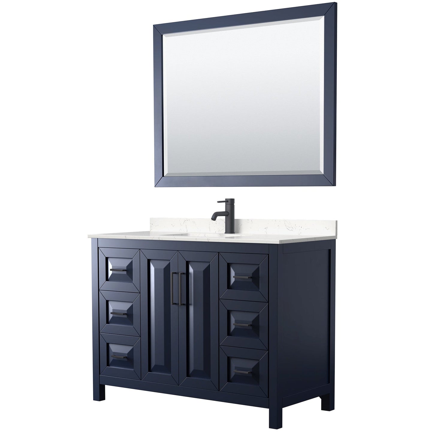 Daria 48" Single Bathroom Vanity in Dark Blue, Carrara Cultured Marble Countertop, Undermount Square Sink, Matte Black Trim, 46" Mirror