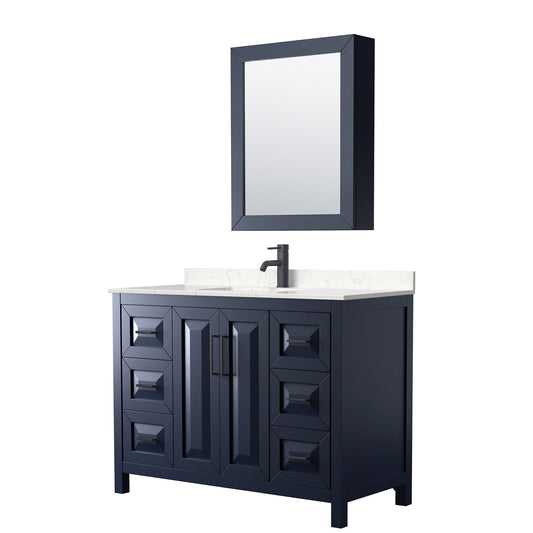 Daria 48" Single Bathroom Vanity in Dark Blue, Carrara Cultured Marble Countertop, Undermount Square Sink, Matte Black Trim, Medicine Cabinet