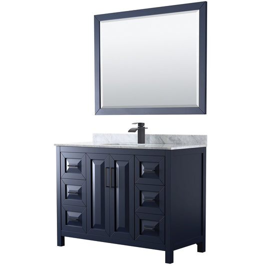 Daria 48" Single Bathroom Vanity in Dark Blue, White Carrara Marble Countertop, Undermount Square Sink, Matte Black Trim, 46" Mirror