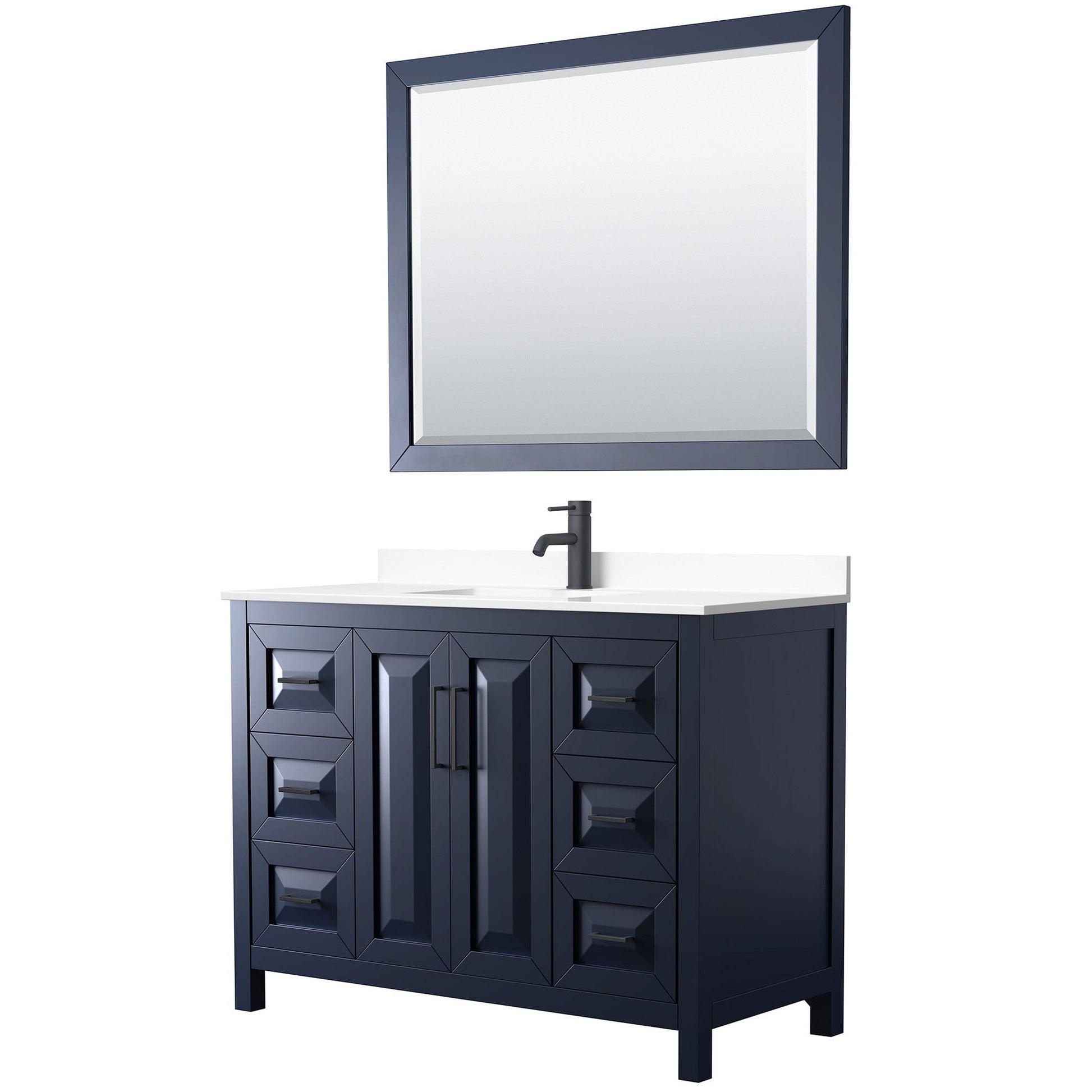 Daria 48" Single Bathroom Vanity in Dark Blue, White Cultured Marble Countertop, Undermount Square Sink, Matte Black Trim, 46" Mirror