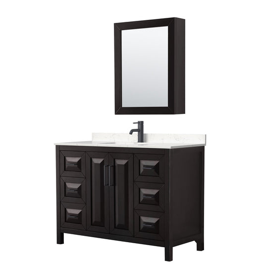 Daria 48" Single Bathroom Vanity in Dark Espresso, Carrara Cultured Marble Countertop, Undermount Square Sink, Matte Black Trim, Medicine Cabinet