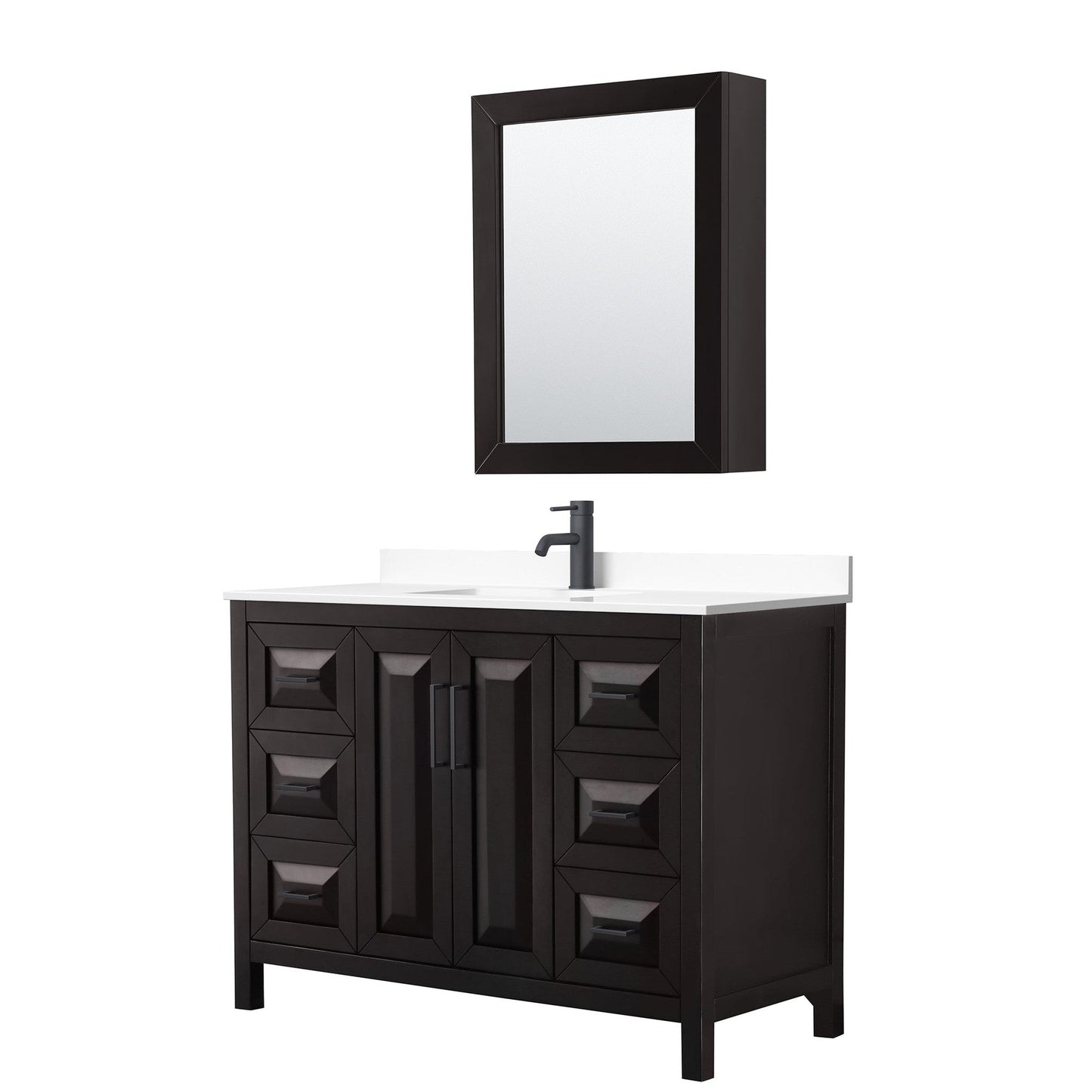 Daria 48" Single Bathroom Vanity in Dark Espresso, White Cultured Marble Countertop, Undermount Square Sink, Matte Black Trim, Medicine Cabinet