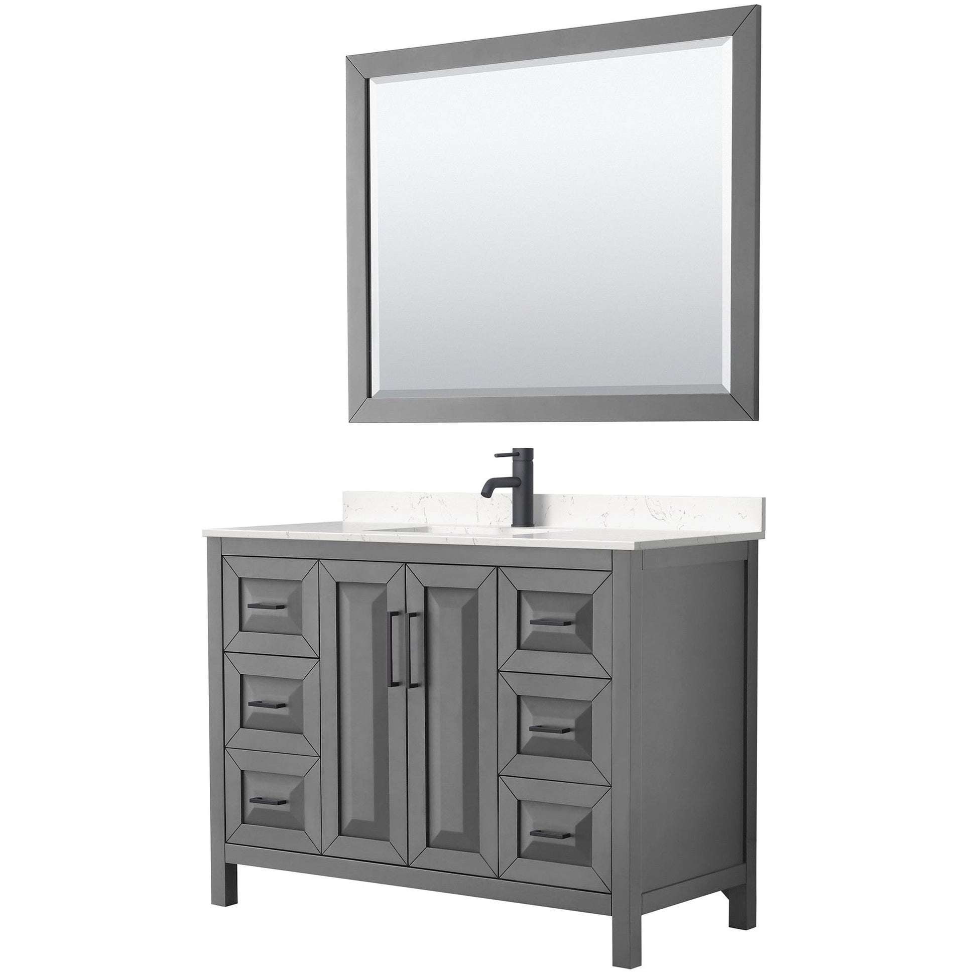 Daria 48" Single Bathroom Vanity in Dark Gray, Carrara Cultured Marble Countertop, Undermount Square Sink, Matte Black Trim, 46" Mirror