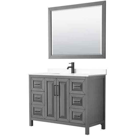 Daria 48" Single Bathroom Vanity in Dark Gray, White Cultured Marble Countertop, Undermount Square Sink, Matte Black Trim, 46" Mirror