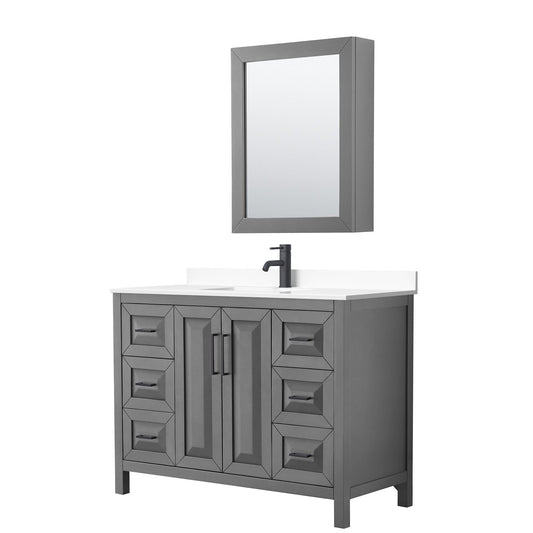 Daria 48" Single Bathroom Vanity in Dark Gray, White Cultured Marble Countertop, Undermount Square Sink, Matte Black Trim, Medicine Cabinet