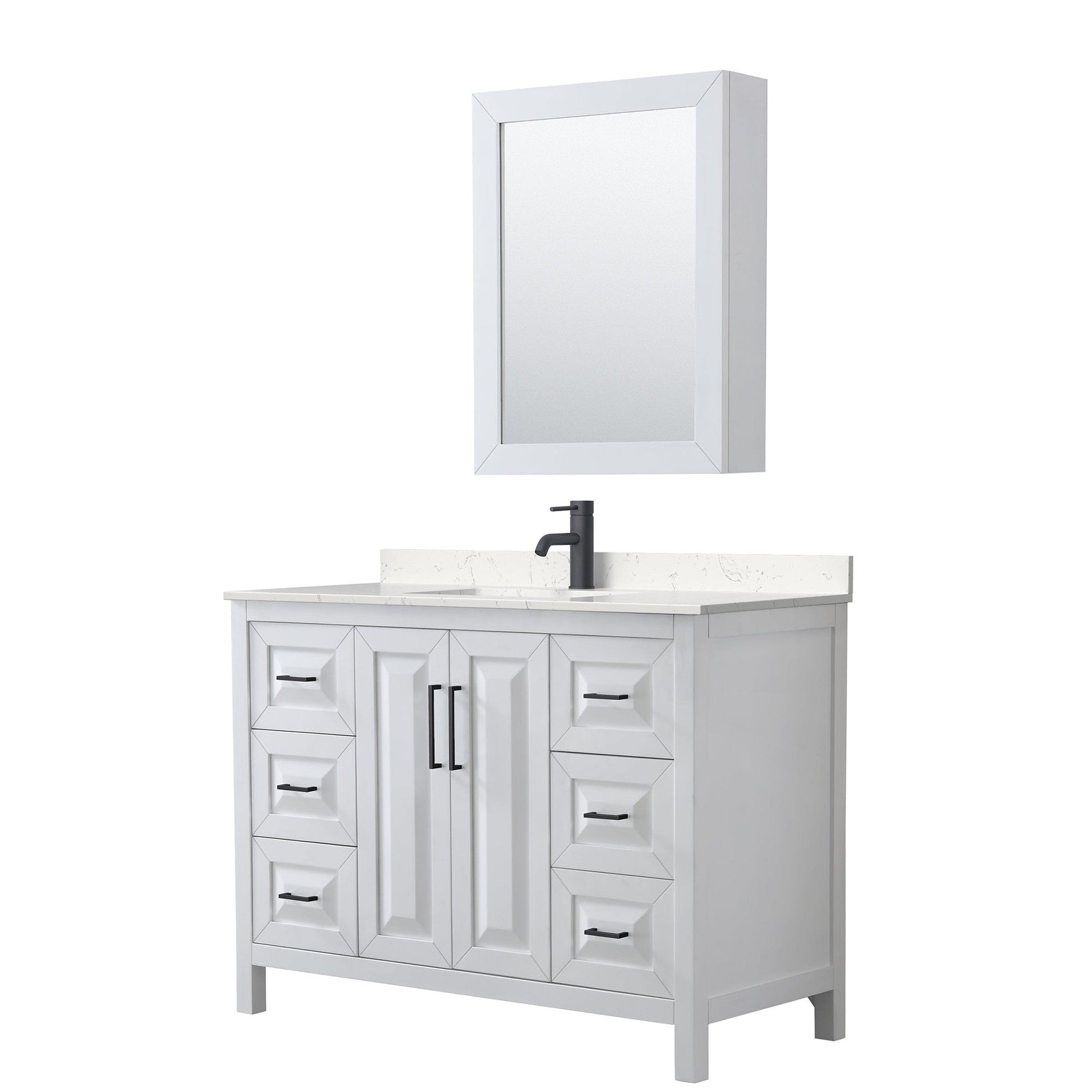 Daria 48" Single Bathroom Vanity in White, Carrara Cultured Marble Countertop, Undermount Square Sink, Matte Black Trim, Medicine Cabinet