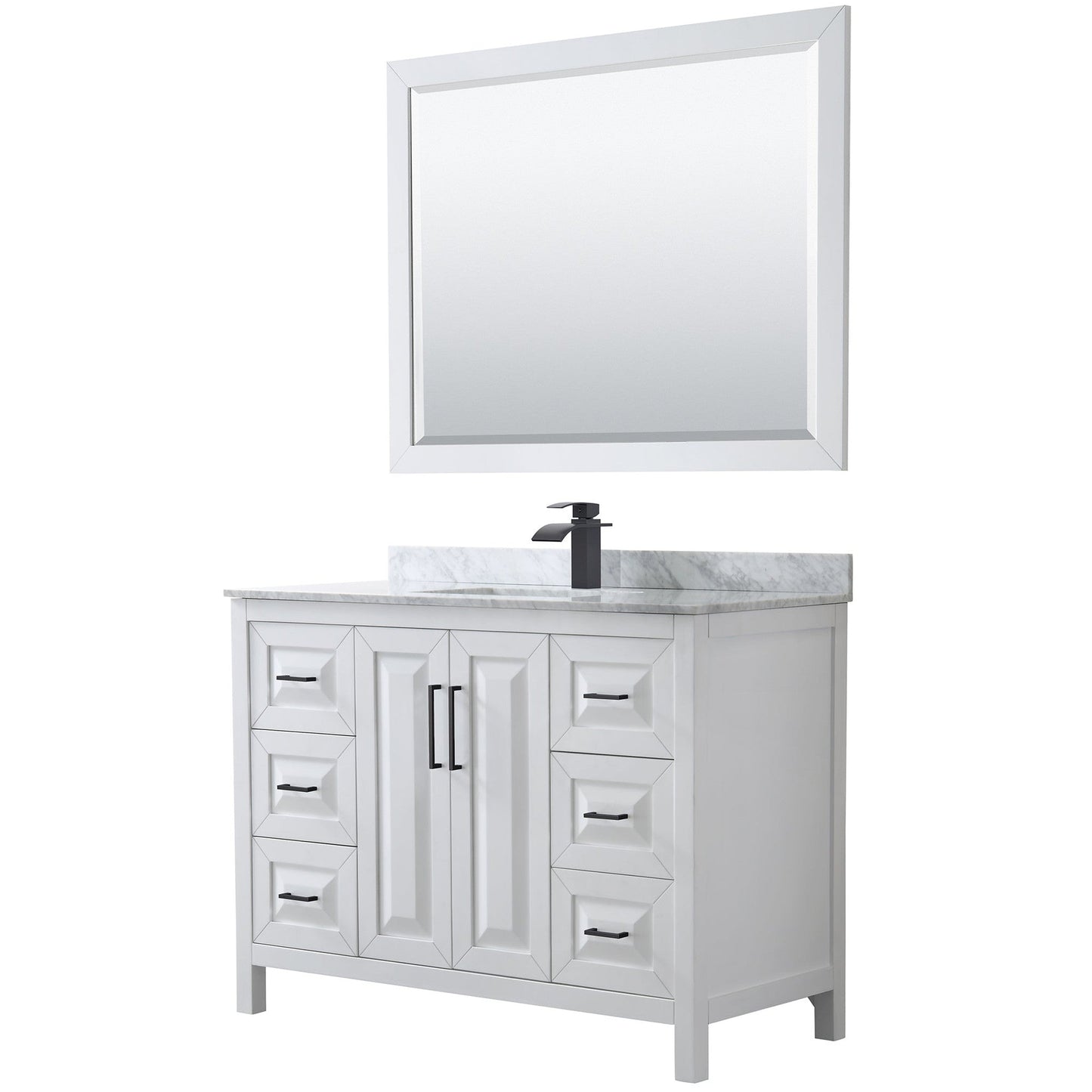 Daria 48" Single Bathroom Vanity in White, White Carrara Marble Countertop, Undermount Square Sink, Matte Black Trim, 46" Mirror