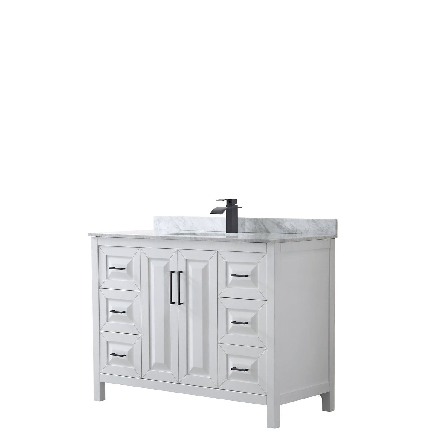 Daria 48" Single Bathroom Vanity in White, White Carrara Marble Countertop, Undermount Square Sink, Matte Black Trim