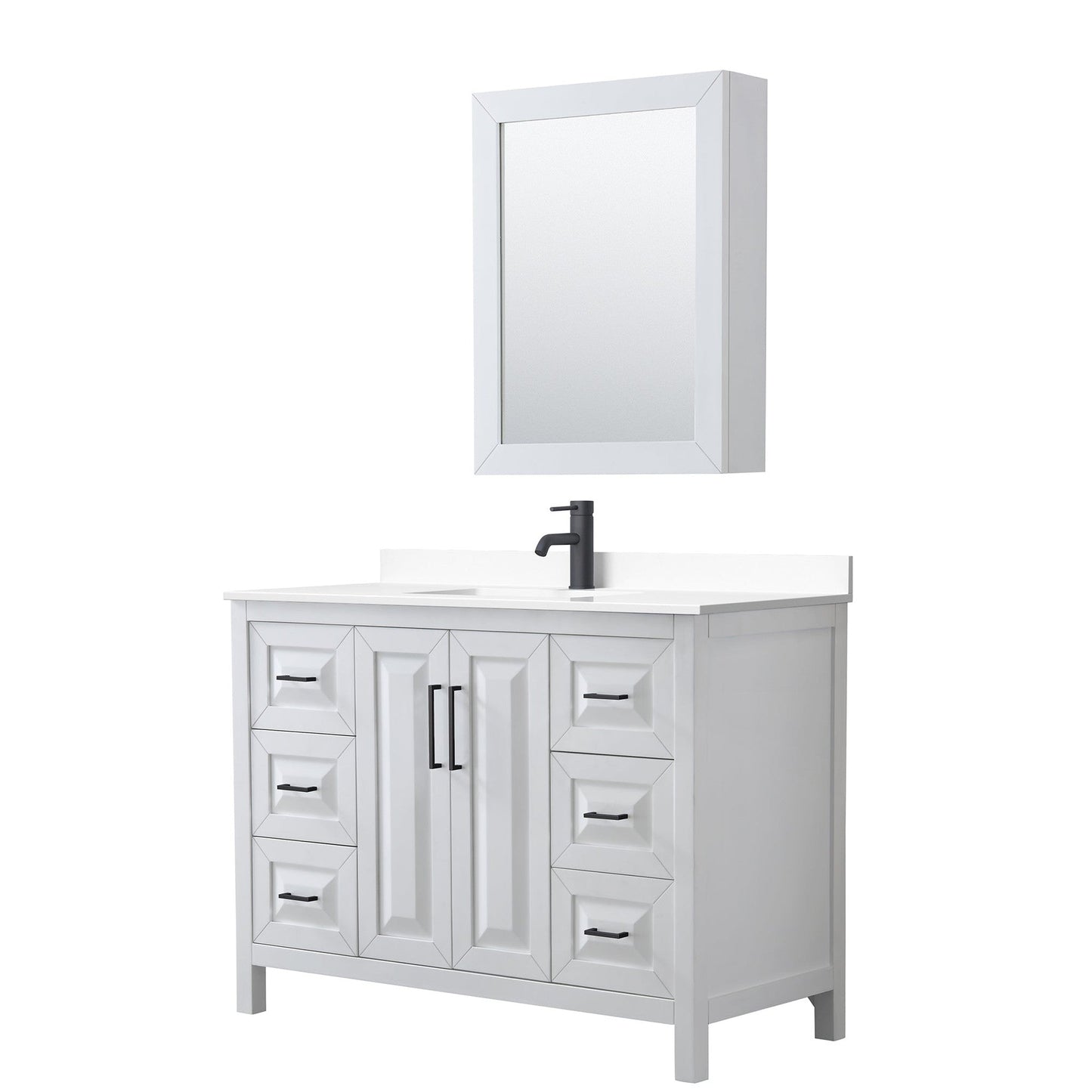 Daria 48" Single Bathroom Vanity in White, White Cultured Marble Countertop, Undermount Square Sink, Matte Black Trim, Medicine Cabinet