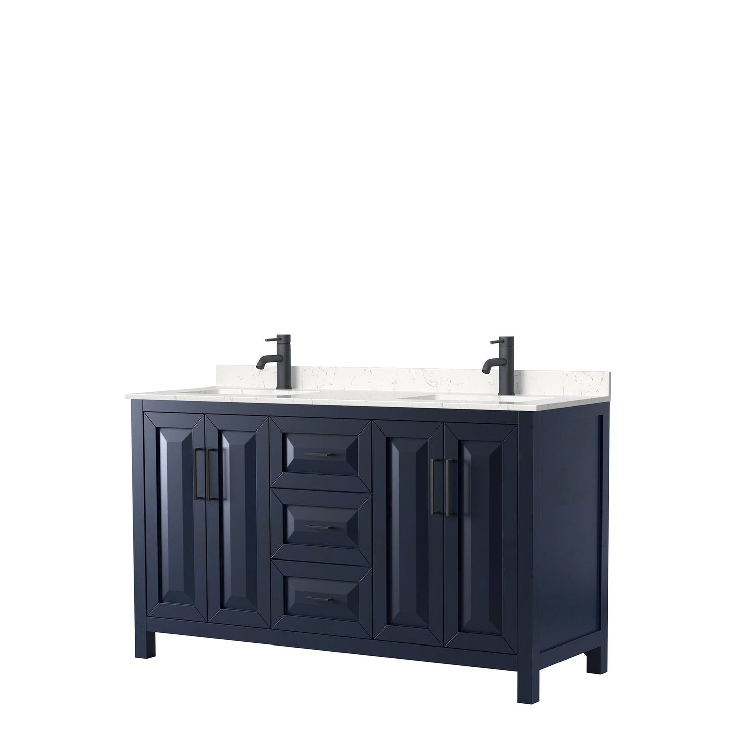 Daria 60" Double Bathroom Vanity in Dark Blue, Carrara Cultured Marble Countertop, Undermount Square Sinks, Matte Black Trim
