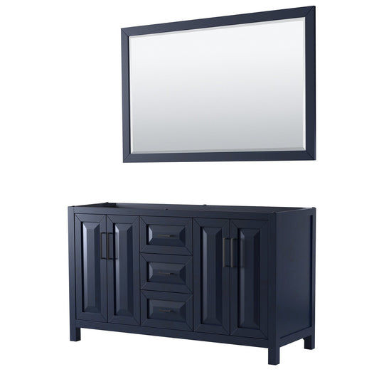 Daria 60" Double Bathroom Vanity in Dark Blue, No Countertop, No Sink, Matte Black Trim, 58" Mirror