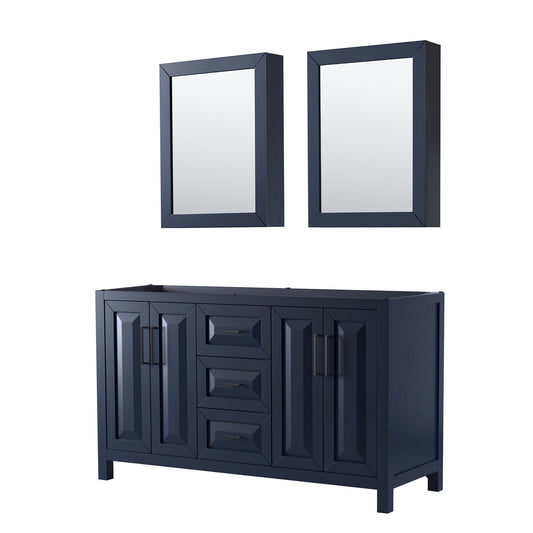 Daria 60" Double Bathroom Vanity in Dark Blue, No Countertop, No Sink, Matte Black Trim, Medicine Cabinets