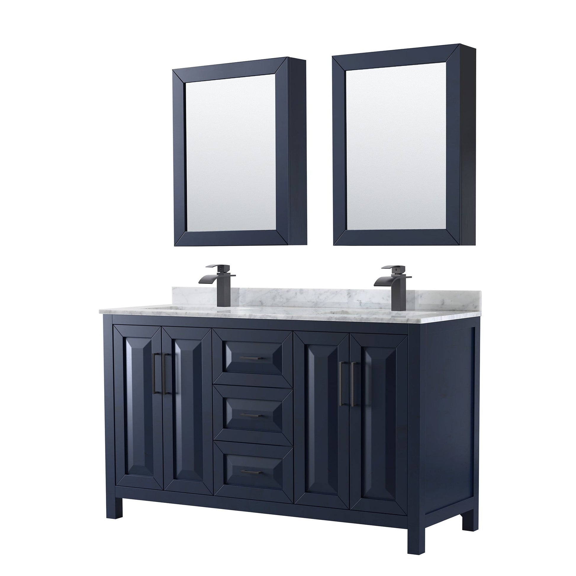 Daria 60" Double Bathroom Vanity in Dark Blue, White Carrara Marble Countertop, Undermount Square Sinks, Matte Black Trim, Medicine Cabinets