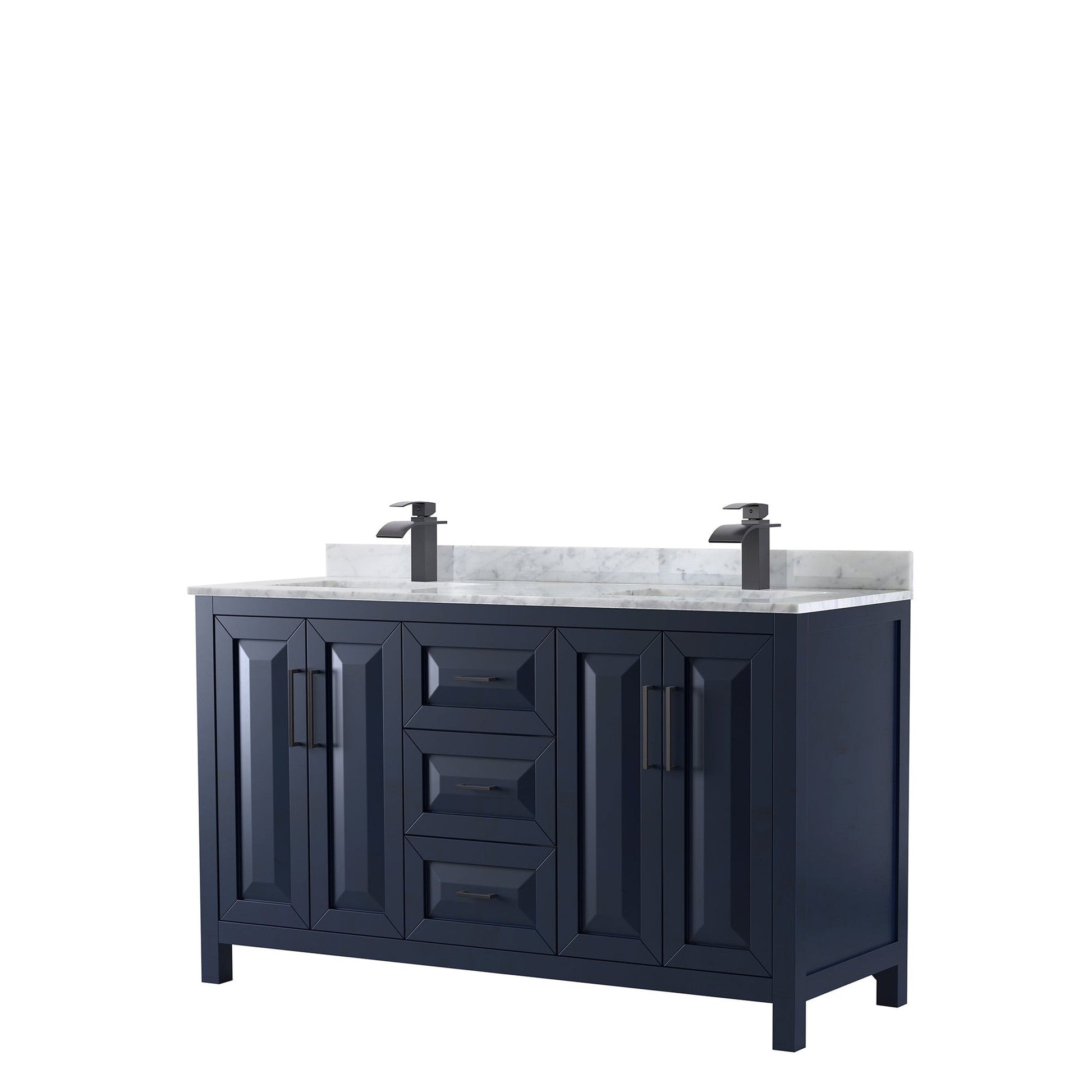 Daria 60" Double Bathroom Vanity in Dark Blue, White Carrara Marble Countertop, Undermount Square Sinks, Matte Black Trim