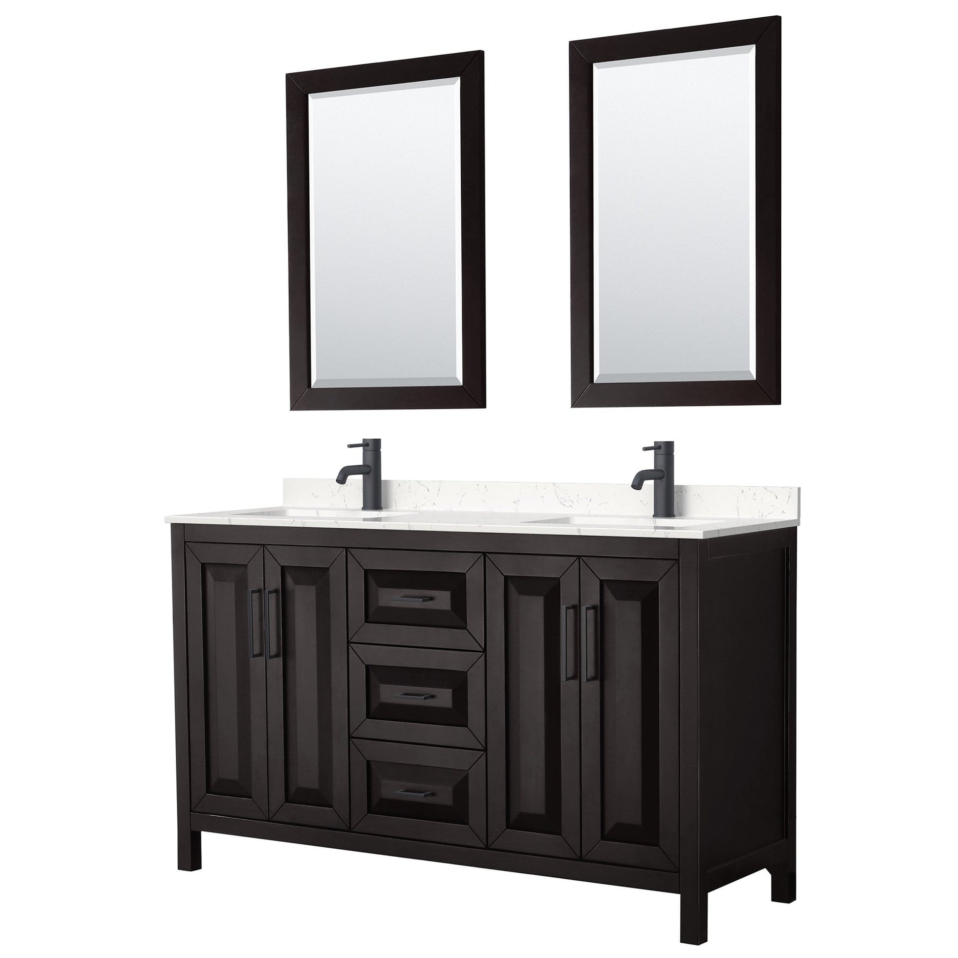 Daria 60" Double Bathroom Vanity in Dark Espresso, Carrara Cultured Marble Countertop, Undermount Square Sinks, Matte Black Trim, 24" Mirrors