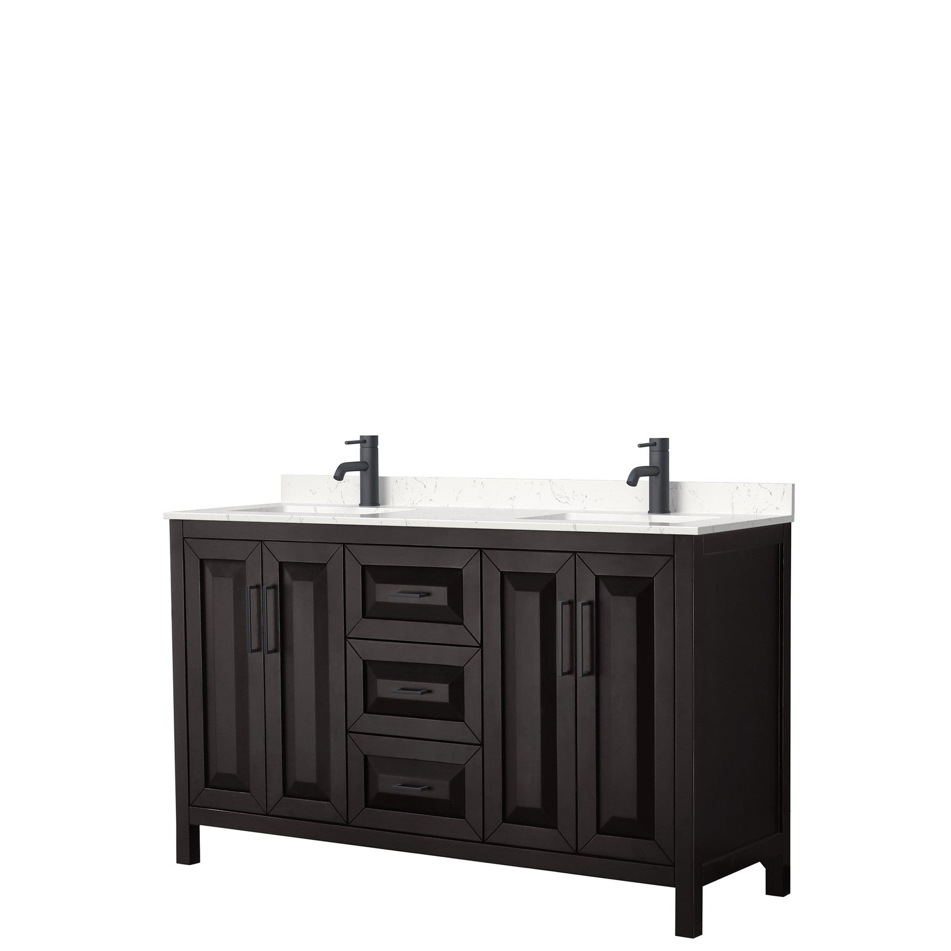Daria 60" Double Bathroom Vanity in Dark Espresso, Carrara Cultured Marble Countertop, Undermount Square Sinks, Matte Black Trim
