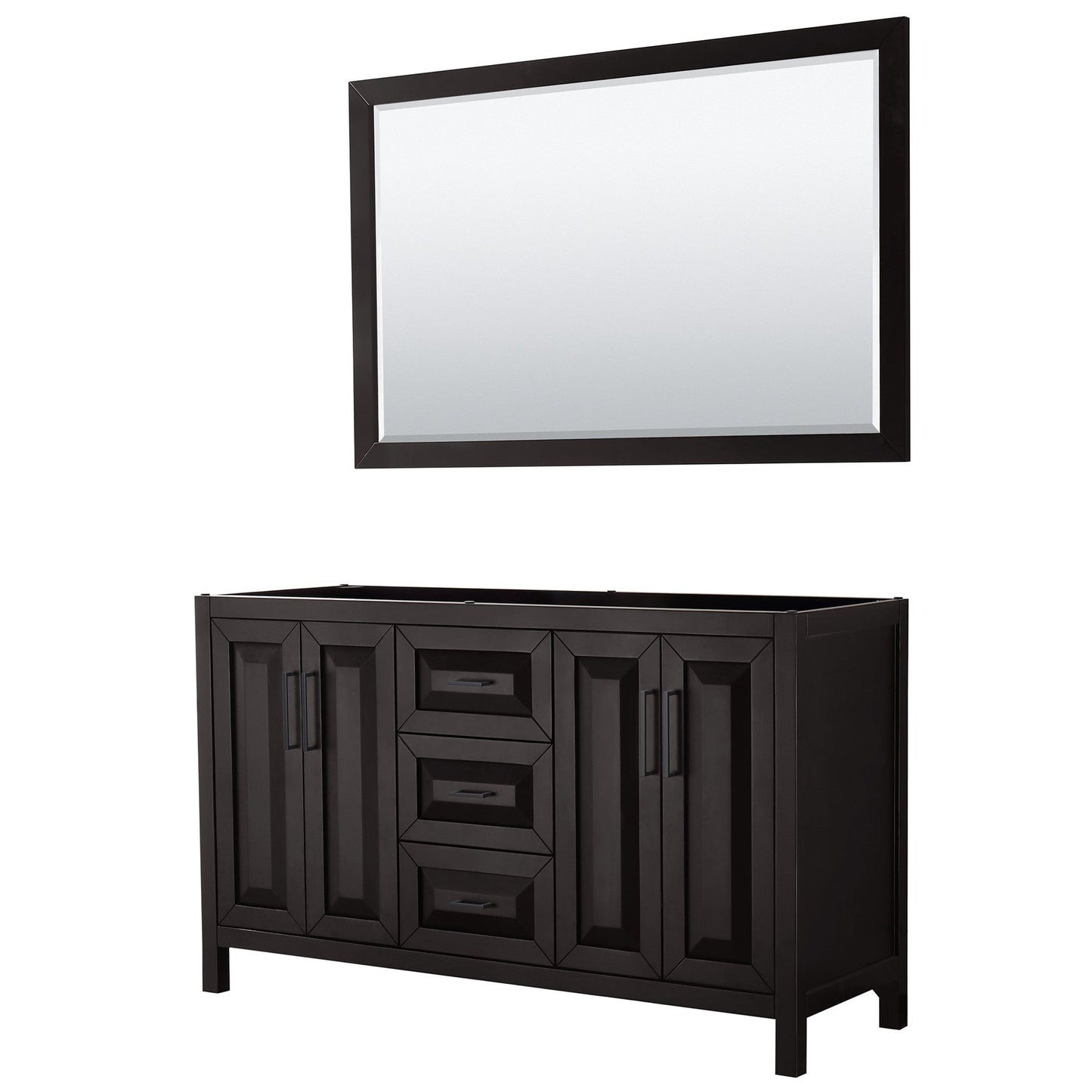 Daria 60" Double Bathroom Vanity in Dark Espresso, No Countertop, No Sink, Matte Black Trim, 58" Mirror