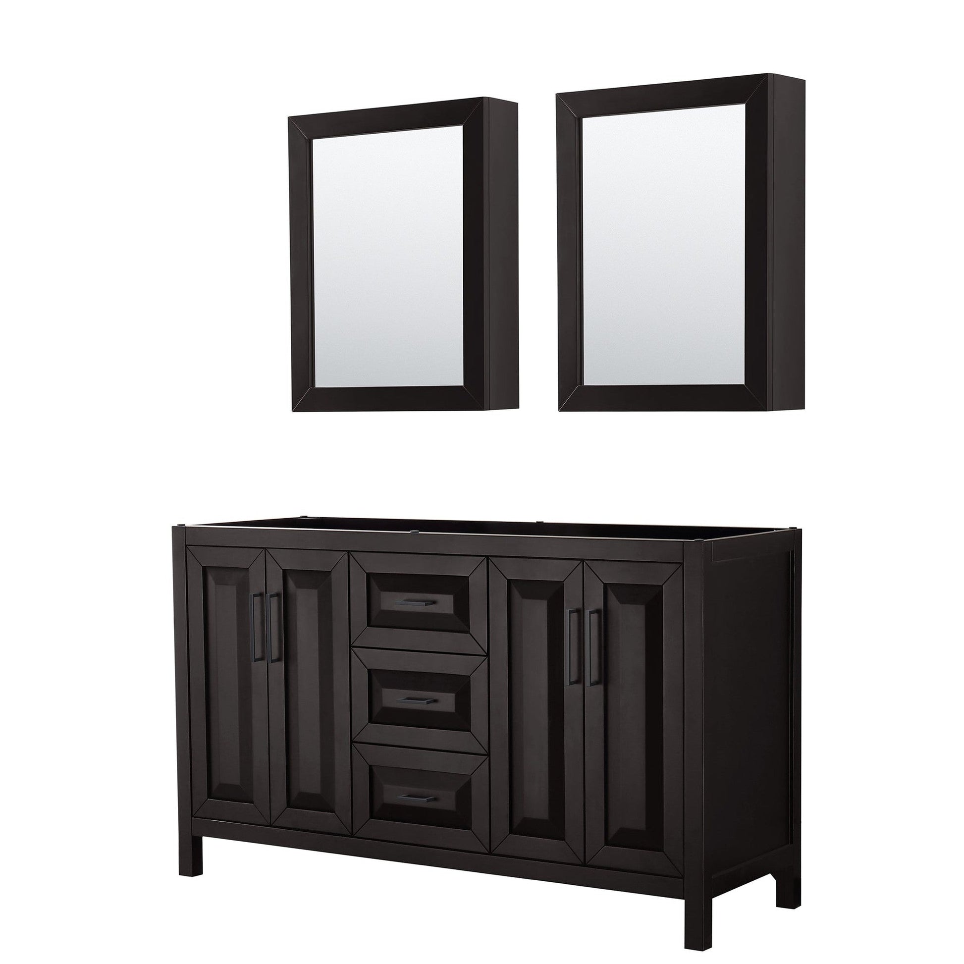 Daria 60" Double Bathroom Vanity in Dark Espresso, No Countertop, No Sink, Matte Black Trim, Medicine Cabinets