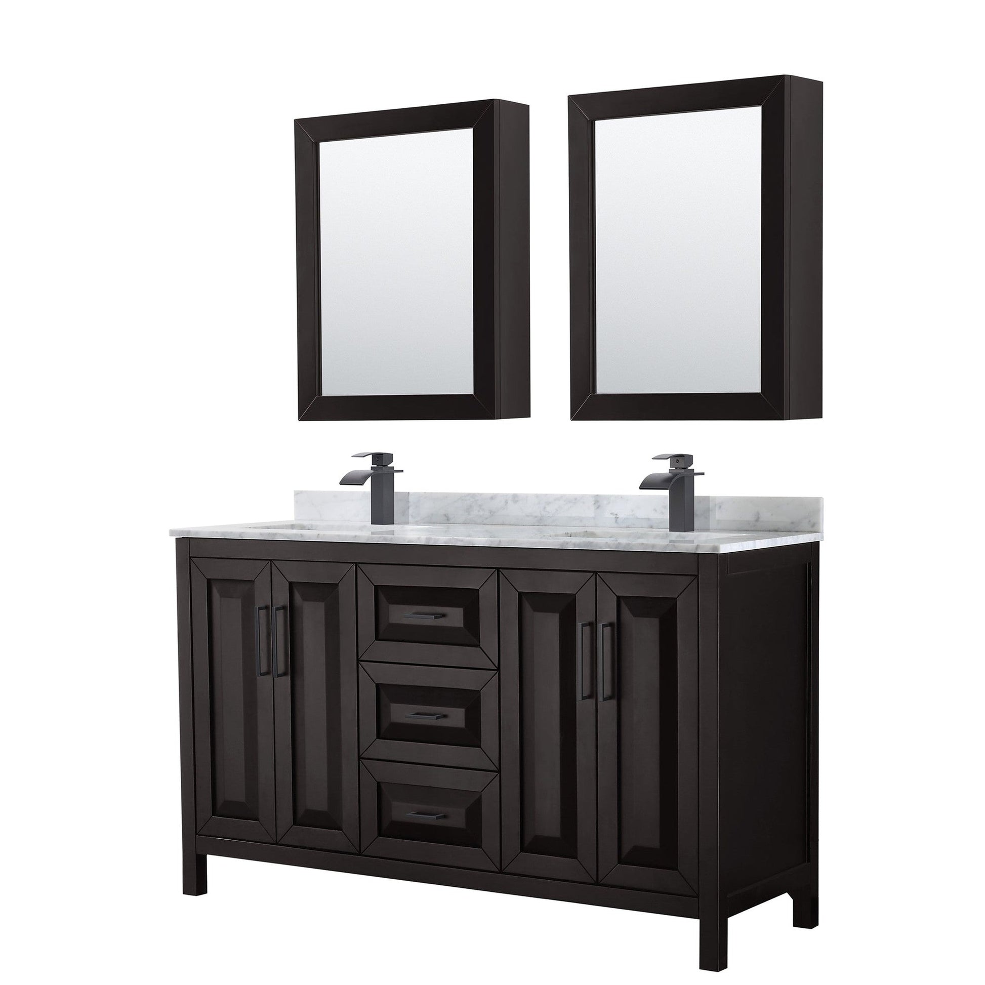 Daria 60" Double Bathroom Vanity in Dark Espresso, White Carrara Marble Countertop, Undermount Square Sinks, Matte Black Trim, Medicine Cabinets