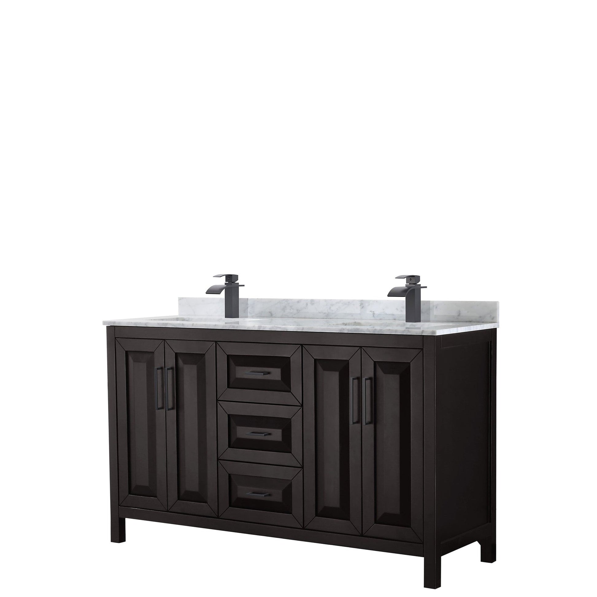 Daria 60" Double Bathroom Vanity in Dark Espresso, White Carrara Marble Countertop, Undermount Square Sinks, Matte Black Trim