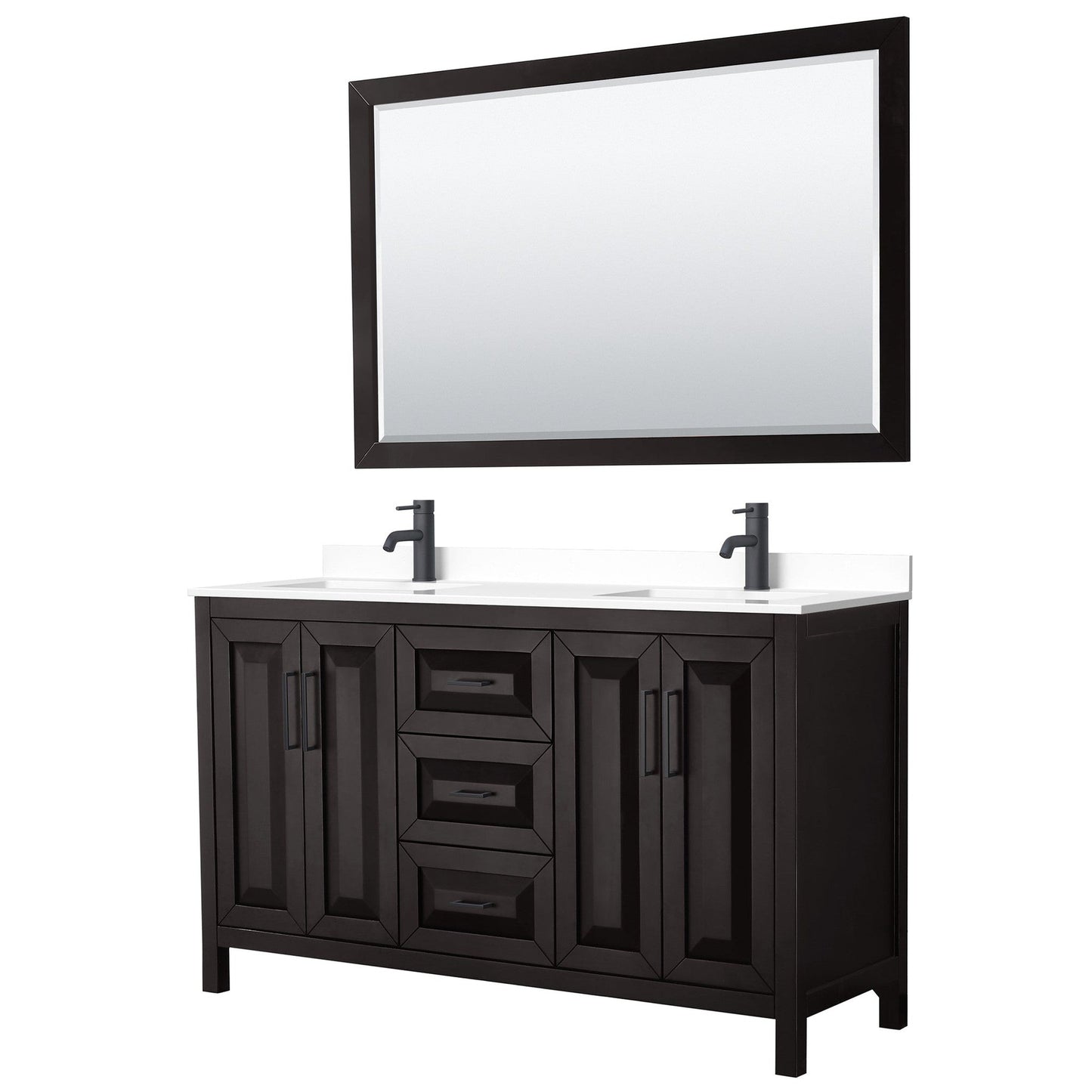 Daria 60" Double Bathroom Vanity in Dark Espresso, White Cultured Marble Countertop, Undermount Square Sinks, Matte Black Trim, 58" Mirror