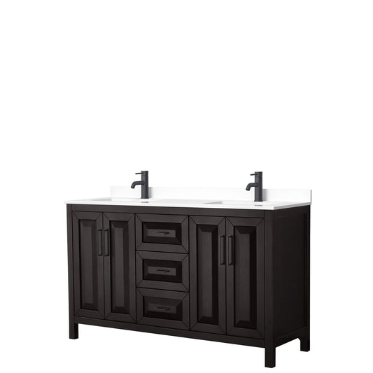 Daria 60" Double Bathroom Vanity in Dark Espresso, White Cultured Marble Countertop, Undermount Square Sinks, Matte Black Trim
