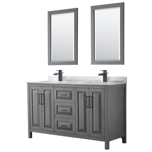Daria 60" Double Bathroom Vanity in Dark Gray, White Carrara Marble Countertop, Undermount Square Sinks, Matte Black Trim, 24" Mirrors
