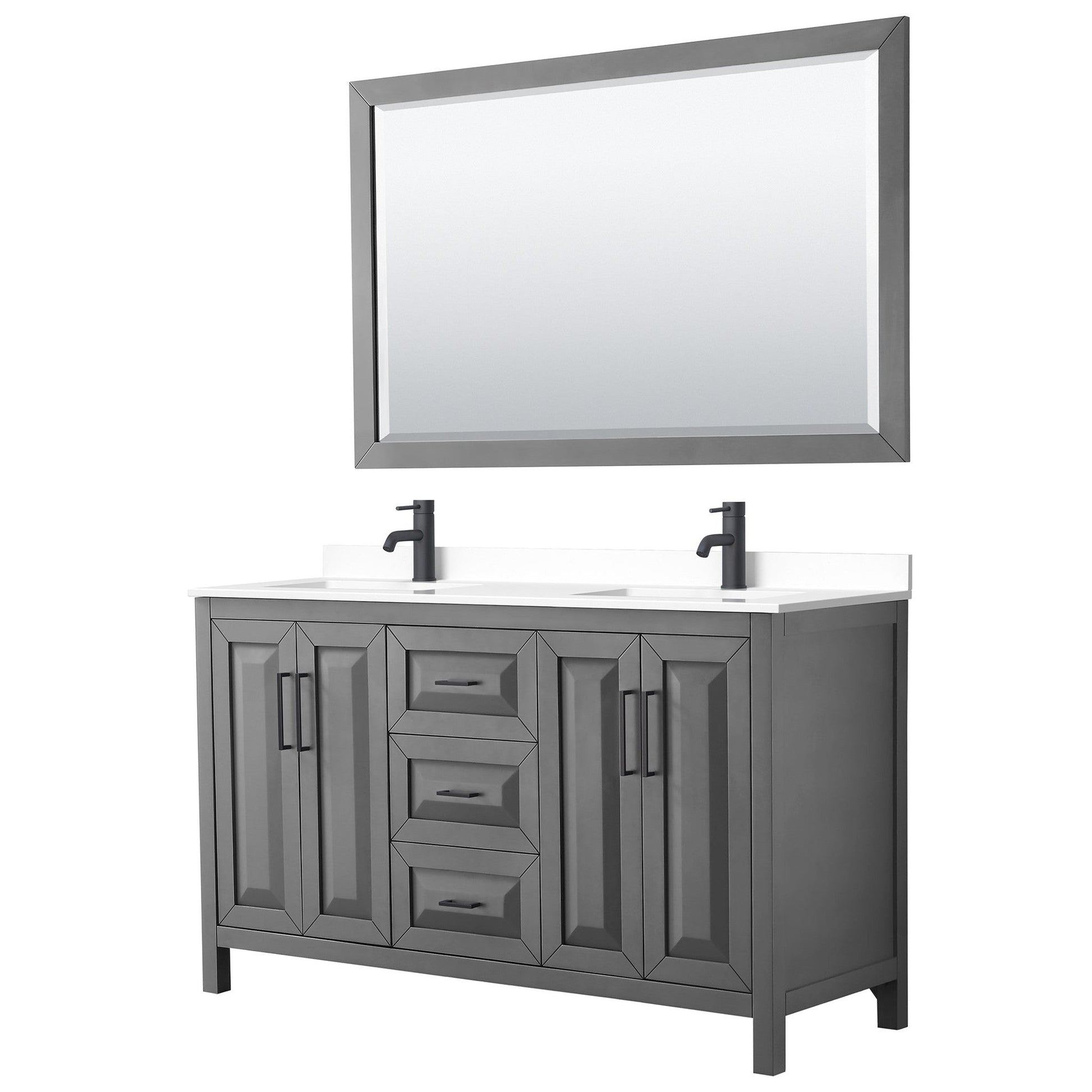 Daria 60" Double Bathroom Vanity in Dark Gray, White Cultured Marble Countertop, Undermount Square Sinks, Matte Black Trim, 58" Mirror