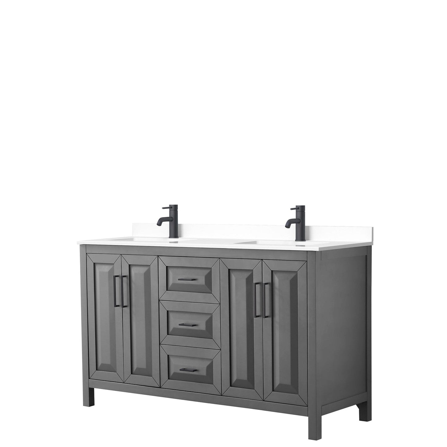 Daria 60" Double Bathroom Vanity in Dark Gray, White Cultured Marble Countertop, Undermount Square Sinks, Matte Black Trim