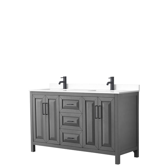 Daria 60" Double Bathroom Vanity in Dark Gray, White Cultured Marble Countertop, Undermount Square Sinks, Matte Black Trim