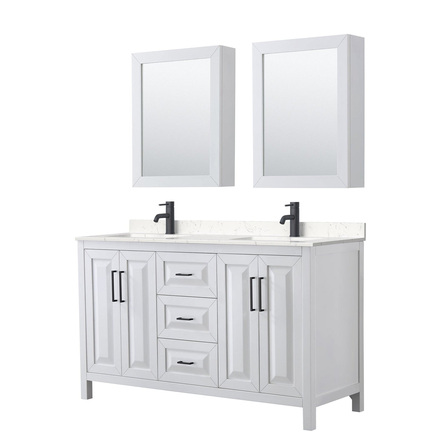 Daria 60" Double Bathroom Vanity in White, Carrara Cultured Marble Countertop, Undermount Square Sinks, Matte Black Trim, Medicine Cabinets