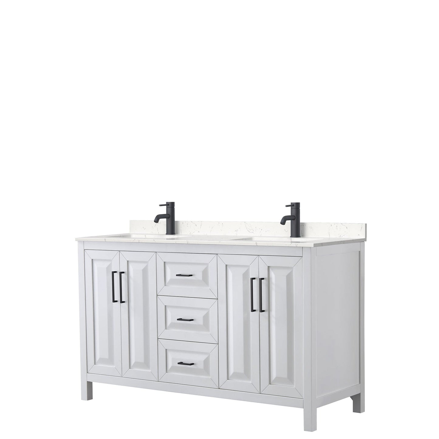 Daria 60" Double Bathroom Vanity in White, Carrara Cultured Marble Countertop, Undermount Square Sinks, Matte Black Trim